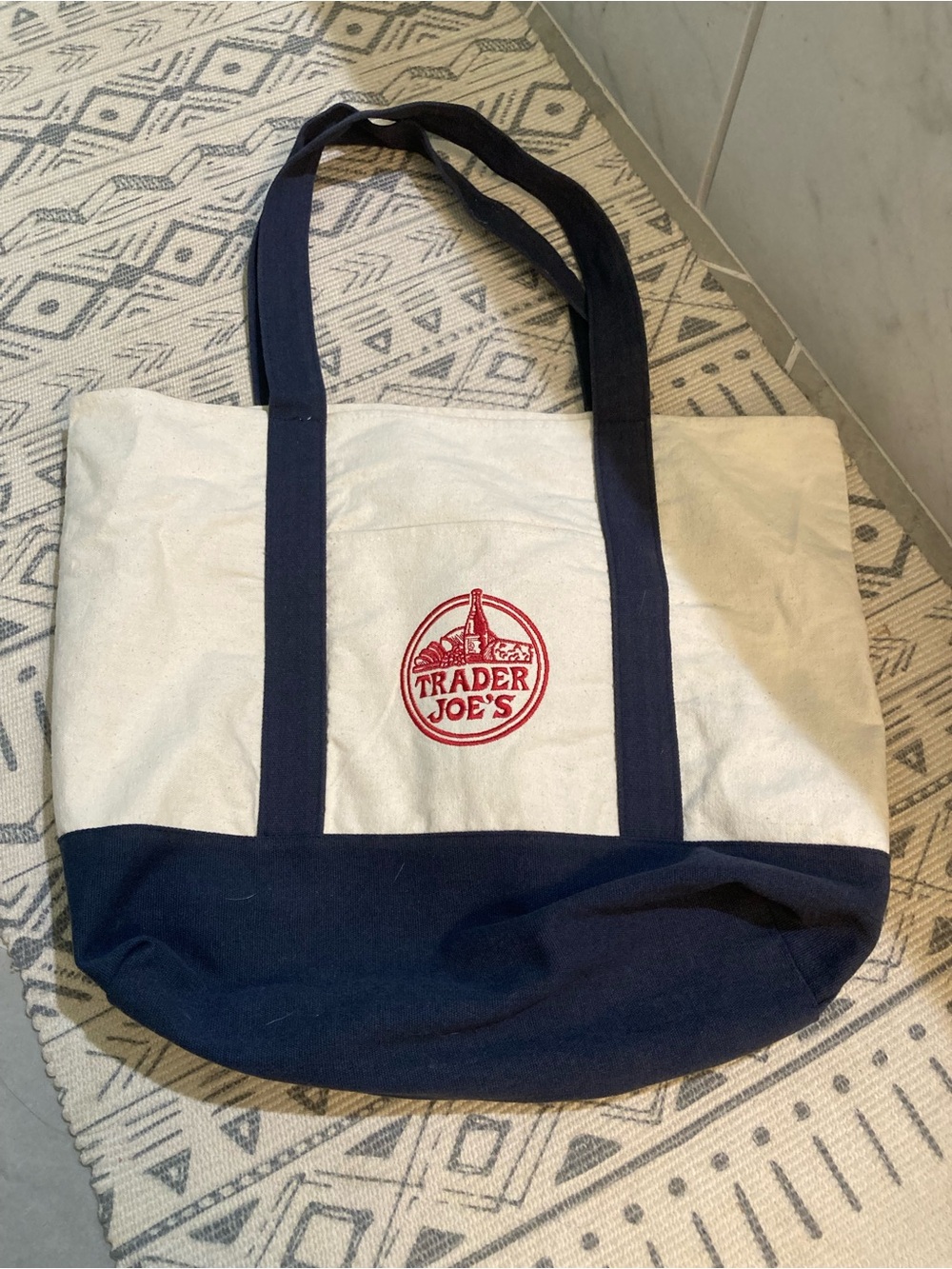 Trader Joe's Mini Canvas Tote Bag - Cream & blue with Logo